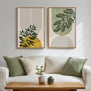 Arte Mural Boho Verde Enmarcado para Decoración de Habitaciones, Juego de 2 Cuadros Botánicos Geométricos con Flores, Arte para Paredes de Dormitorio, Clásico Neutro - Product Image 1