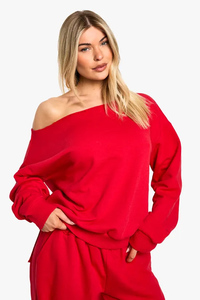 Women's <b>Red</b> Off-Shoulder Oversized Sweatshirt Drop-Shoulder Long Sleeve Solid Color Knitted Cotton Autumn Wear - Product Image 4