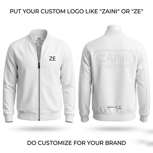 เสื้อแจ็คเก็ตบอมเบอร์ผ้าฟลีซผสมคอตตอนโพลีเอสเตอร์ พรีเมียม 320 GSM สีขาว ปักโลโก้ตามสั่ง พิมพ์ลายตามสั่ง รับผลิตแบบ OEM ODM แบรนด์ส่วนตัว - Product Image 1