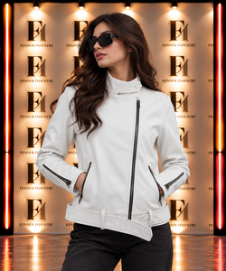 Custom Women’s Genuine Leather Biker Jacket Premium <b>White</b> Moto Rider Jacket Asymmetric Zip <b>Belted</b> Motorcycle Streetwear <b>Coat</b> - Product Image 2