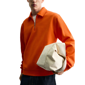 Pull à col zippé orange pour homme, coupe ample, en coton tricoté, couleur unie, col rabattu, style décontracté pour l'automne - Product Image 4