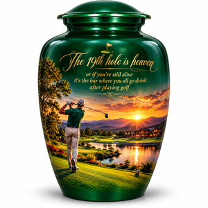 Urne funéraire en métal de style américain classique pour cendres humaines, commémorative pour adulte, pour les amateurs de golf, personnalisable, 200 pouces cubes - Product Image 1
