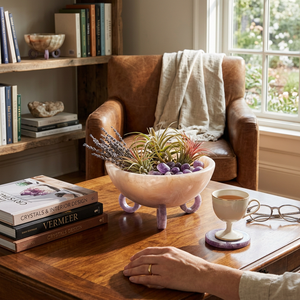 Bol décoratif en résine fait main, vente en gros, personnalisable OEM ODM, beige et violet, plat de service sur pied, vaisselle DECORYUG - Product Image 3