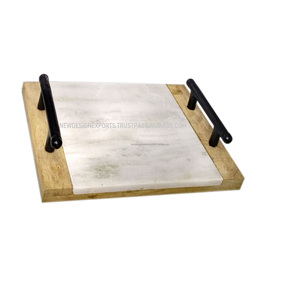 Élégant plateau de service à poignée en métal noir en plastique et acier inoxydable pour usage domestique Design décoratif en bois et en marbre pour le service des aliments - Product Image 1