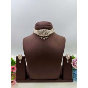 Indian Ethnic Ridhima Moissanite <b>Gold</b> Plated Bridal Choker Necklace <b>Set</b> - Product Image 1