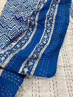 Couverture Kantha en coton bleu avec motif zig-zag marin, imprimée à la main, écologique, pour la décoration de la maison, utilisable toute l'année