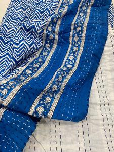 Blue Cotton Kantha <b>Quilt</b> With Marine Zig Zag Pattern Hand Block Printed Eco-Friendly Home Decor <b>Throw</b> Cover All-Season - Product Image 5