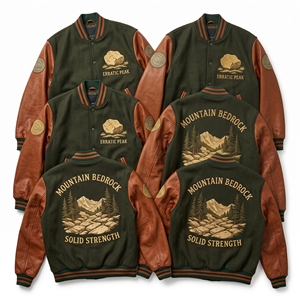 Custom Varsity Jacket Maker <b>Dark</b> <b>Green</b> <b>Wool</b> Body Cream Leather Sleeve Coastal Shoreline Tidal Stones Embroidery Letterman <b>Coat</b> - Product Image 4