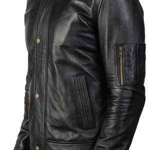 Custom Men's Genuine Leather Moto Jacket Stand Collar <b>Covered</b> <b>Button</b> Closure Regular Fit Solid Black Autumn Wear - Product Image 3