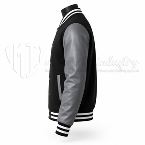 Chaqueta Universitaria Negra Personalizada, Cuerpo de Lana, Mangas de Cuero Gris, Chaqueta Letterman, Fabricante de Marca Privada OEM - Product Image 5