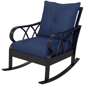 Sedia a dondolo nautica con cuscini blu in vimini e rattan per esterni, ideale per il relax in veranda - Product Image 1