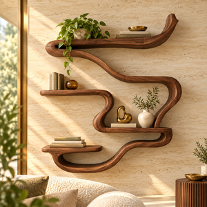 Étagère murale en bois bio |   Étagère flottante artistique au design sculptural incurvé, grain de bois naturel, décoration moderne pour la maison, rangement - Product Image 2