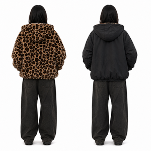 Veste à capuche unisexe oversize réversible en polaire imprimé léopard coupe-vent chaude pour l'hiver, sweat à capuche pour homme coupe droite style streetwear - Product Image 6