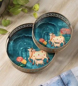 Pot en métal Pichwai de qualité supérieure avec plateau, design traditionnel, récipient décoratif pour la décoration de la maison et les cadeaux - Product Image 4