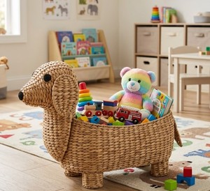 Handwoven Water Hyacinth Dog Shaped Storage <b>Basket</b> with Lid, Natural <b>Wicker</b> Animal Toy Organizer for Kids Room, Nursery Decor - Product Image 5