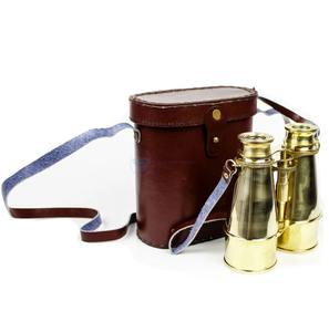 Desktop brass binocular mounted on a small table tripod, with brown textured leather casing, available at wholesale prices. - Product Image 4