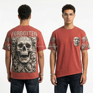 Camiseta para Hombre con Gráfico de Calavera 'Forgotten Souls', 245GSM, Algodón Pesado, Lavado Ácido, Estilo Vintage, Streetwear, Fabricante, Personalizada, con Bolsillo - Product Image 1