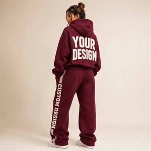 Custom High Quality Regular Fit Heavyweight Women's Casual Puff-Print Breathable Polyester/Cotton Hoodie <b>Sweatpants</b> <b>Set</b> Long - Product Image 4
