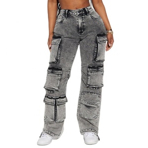 Jean cargo taille haute pour femme grande taille, coupe ample, longueur intégrale, en coton délavé, style décontracté avec plusieurs poches - Product Image 6