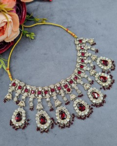 Pear Cut Crystal Stone Necklace Earrings And Mangtika <b>Set</b> Antique Gold PLated Ethnic Festive Wear Wholesale Fashion Jewelry <b>Sets</b> - Product Image 5