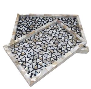 Juego de Bandejas de Servir de Lujo Modernas con Incrustaciones de Madreperla, Ecológicas, Hechas a Mano, 2 Bandejas con Diseño de Mosaico Geométrico, Multiusos para Hogar y Hotel - Product Image 2