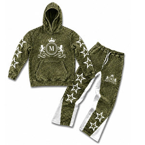 Conjunto de chándal con capucha en verde acid wash con estrellas blancas y pantalones largos con cordón de 350 gsm, 100% algodón, estilo streetwear. - Product Image 1