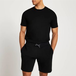 Conjunto de Pantalones Cortos de Algodón Negro para Hombre, Camiseta de Cuello Redondo, Cintura con Cordón, Ropa Casual de Verano, Corte Regular, Color Sólido, Bolsillos Laterales - Product Image 5