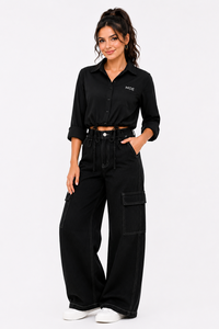 Custom Ladies Cropped Drawstring women's shirt Adjustable Hem Shirt Utility Inspired Casual <b>Top</b> Relaxed Fit Fashion Button Down - Product Image 5