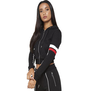 Ensemble de survêtement sportif noir pour femmes, manches longues, capuche, fermeture éclair sur le devant, pantalon de jogging avec poches latérales, respirant, en spandex et polyester - Product Image 2