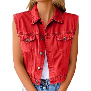 Chaleco Vaquero Rojo Vintage para Mujer, Tallas Grandes, Ecológico, Cortavientos, Sin Mangas, Estilo Crop, con Botones y Bolsillos - Product Image 1