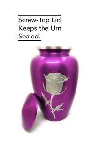 แก้วโกศสีม่วงขนาดใหญ่พร้อมสลักลายดอกกุหลาบเดี่ยว  ภาชนะสำหรับบรรจุอัฐิคน ทำจากอะลูมิเนียม สำหรับงานศพ - Product Image 3