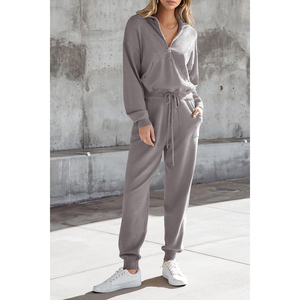<b>Women's</b> 2 Piece <b>Knitted</b> Sweater Set Zip Hooded Sweatshirt <b>Jogger</b> Sweatpants Casual Solid Gray Full Sleeve Short Sweating - Product Image 5