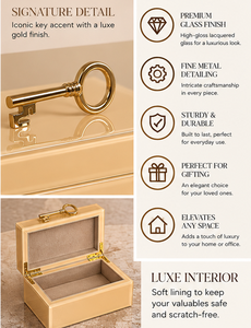 Boîte de rangement pour bijoux en verre beige doré avec poignée à clé dorée, finition brillante, doublure douce, organisateur décoratif pour souvenirs et articles de toilette - Product Image 4