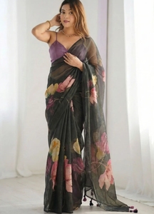 Sari de Tela con Estampado Floral para Mujer KV, para Uso Diario, con Blusa sin Coser (Beige), Antiarrugas, de Secado Rápido, de Seda y Viscosa, para Otoño - Product Image 2