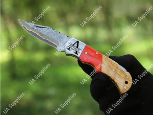 Cuchillo Plegable Hecho a Mano de Acero Damasco Sanmai con Mango de Madera de Olivo y Resina, Personalizable OEM/ODM, Venta al por Mayor, 6.5 Pulgadas de Longitud Total - Product Image 2