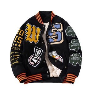 <b>Men's</b> Winter Embroidered <b>Baseball</b> Letterman Varsity Bomber <b>Jacket</b> Front Logo Stand Collar 100% Wool Slim Fit Sporty - Product Image 1