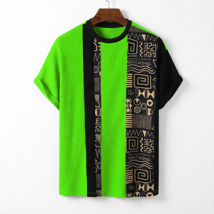 T-shirt décontracté pour homme à manches courtes avec motif géométrique, bordure contrastée, col rond tricoté, coupe classique - Product Image 4