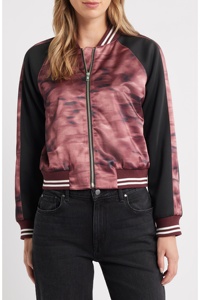 Veste universitaire pour femme, motif tie-dye, manches noires, corps bordeaux, fermeture éclair intégrale, coupe courte - Product Image 4