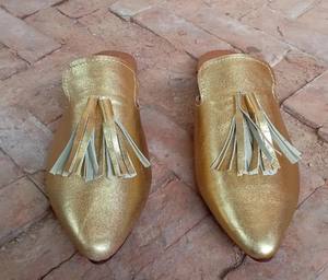 Babouches en cuir doré pour femmes / Babouches marocaines en cuir / Mules en cuir véritable - Product Image 3