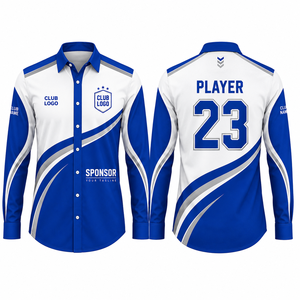 เสื้อเชิ้ตแขนยาวทรงสปอร์ตสำหรับผู้ชาย ปกคอพับ ลายพิมพ์ซับลิเมชั่น ผ้าป๊อปลินโพลีเอสเตอร์ แห้งเร็ว สีน้ำเงินขาว - Product Image 1