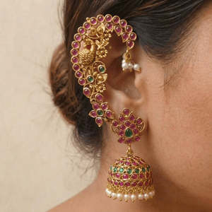Vintage Peacock Drop Ear Cuffs for Bride-Pearl and Diamond Accents - Product Image 1