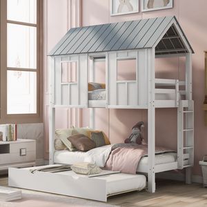 Cama litera doble blanca y gris con techo y ventanas, con cama nido extraíble - Camas infantiles (SKU ANTIGUO GX000705AAK 1) - Product Image 2