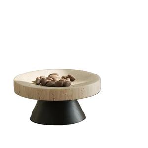 Base de travertino para servir con pedestal y base de madera negra, bandeja elevada redonda para mesa de comedor y decoración de hogar de lujo. - Product Image 1
