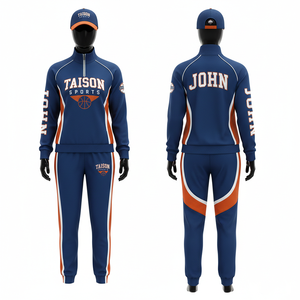 Survêtement d'entraînement de basketball pour femmes, 260 GSM, polyester interlock de haute qualité, panneau latéral bleu marine et orange, logo thermocollé - Product Image 1