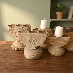 Vintage Wooden Hand Carved Multi Candle Holder Stand Rustic Farmhouse <b>Table</b> Decor Centerpiece for Living Room Bedroom Dining - Product Image 4