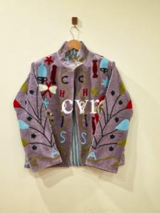 Purple Mandarin Collar Embroidered Velvet Jacket Full Sleeve Hand Embroidery Letter Pattern Casual Outerwear Autumn Wear - Product Image 1