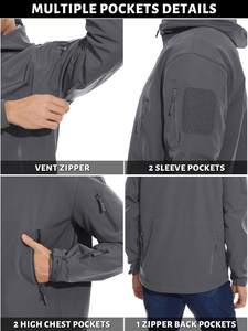 Men's Tactical Softshell <b>Jacket</b> Windproof Waterproof <b>Fleece</b> <b>Lined</b> Outdoor Hooded Winter Zip-Up Coat Multi-Zipper Pockets Stand - Product Image 2