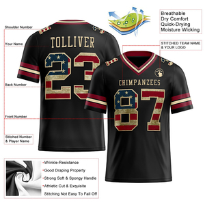Maillot de football noir personnalisé, style vintage, drapeau américain, rouge cramoisi, crème, maille respirante, authentique, haute qualité, tenue de sport athlétique - Product Image 3