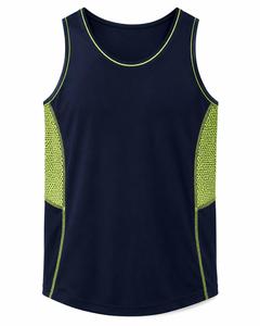 Débardeur Homme Tendance Bleu Marine avec Panneau en Maille Vert Néon Col Rond Sportif Tricoté 100% Polyester Respirant Écologique Séchage Rapide - Product Image 3
