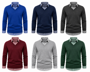 Pull en maille décontracté à col en V superposé pour homme avec col chemise, fabricant OEM ODM, 100 % coton, anti-boulochage - Product Image 6